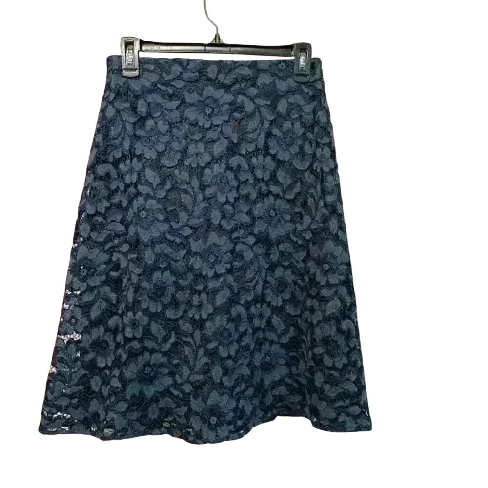 NWOT Zara‎ Woman Navy Blue Floral Lace A-Line Skirt Exposed Back Zipper Size S